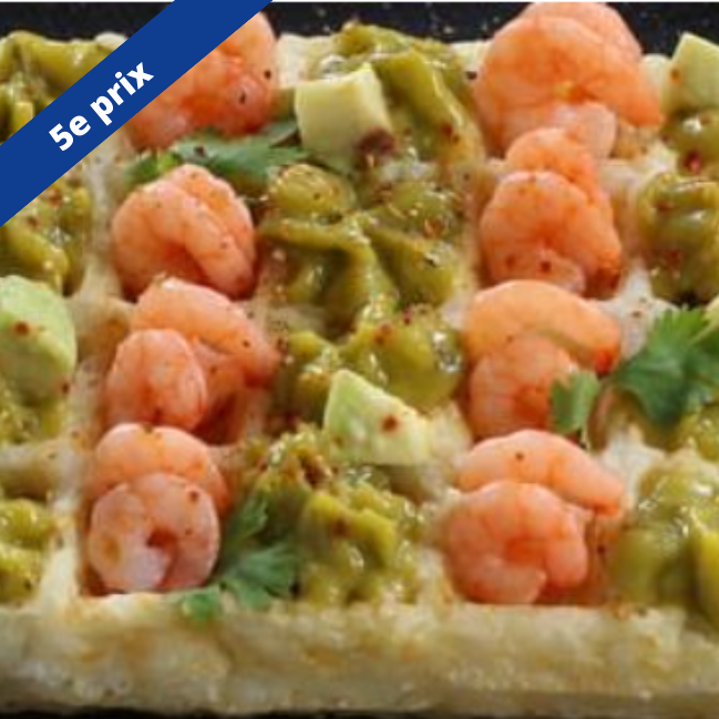 recette - Gaufre de riz et ses crevettes sur son lit de patate douce et chouchoute