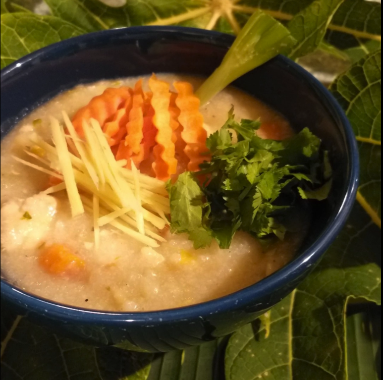 Recette de "velouté de riz aux écumes de bec de cane" réalisée par l'école La Rizière